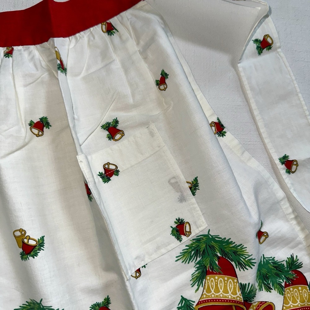 Vtg MCM Christmas Half Apron 1950s Holly Berry Festive Bells 21.5" Long Pockets - Picture 3 of 12